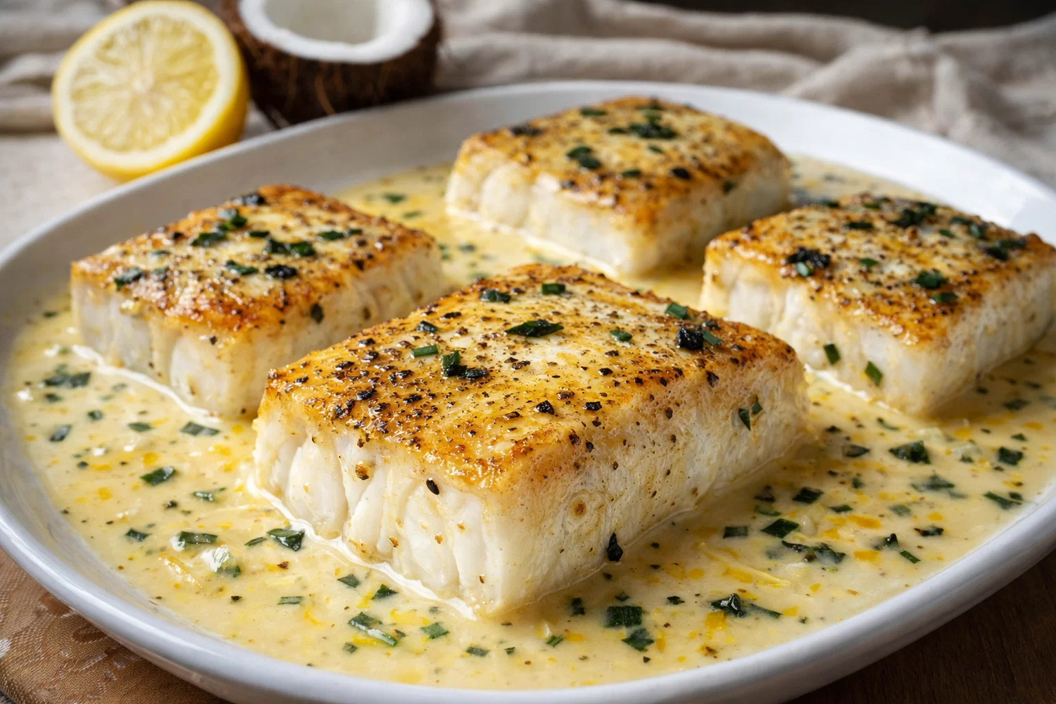 Cozy Baked Cod Coconut Lemon Sauce
