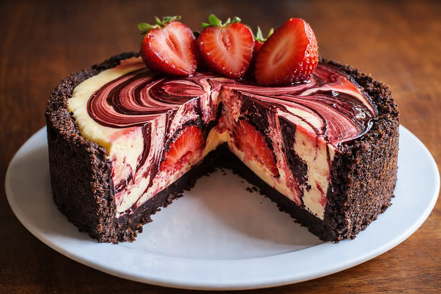 Tasty Chocolate Strawberry Swirl Cheesecake