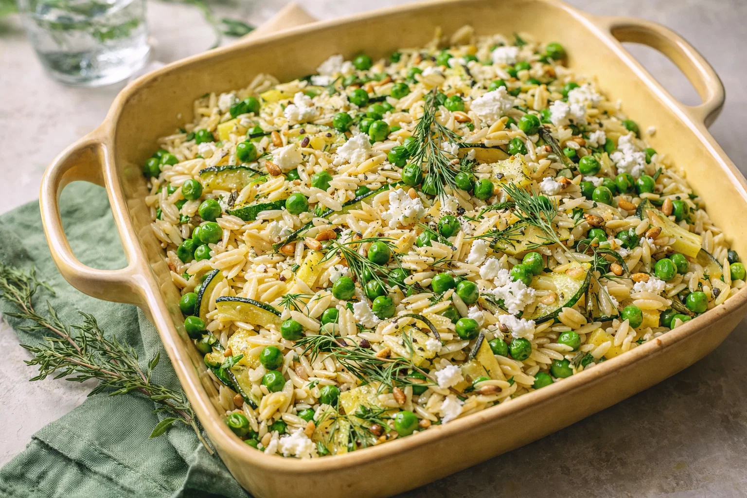 Summer Zucchini, Pea  Goat Cheese Orzo Salad