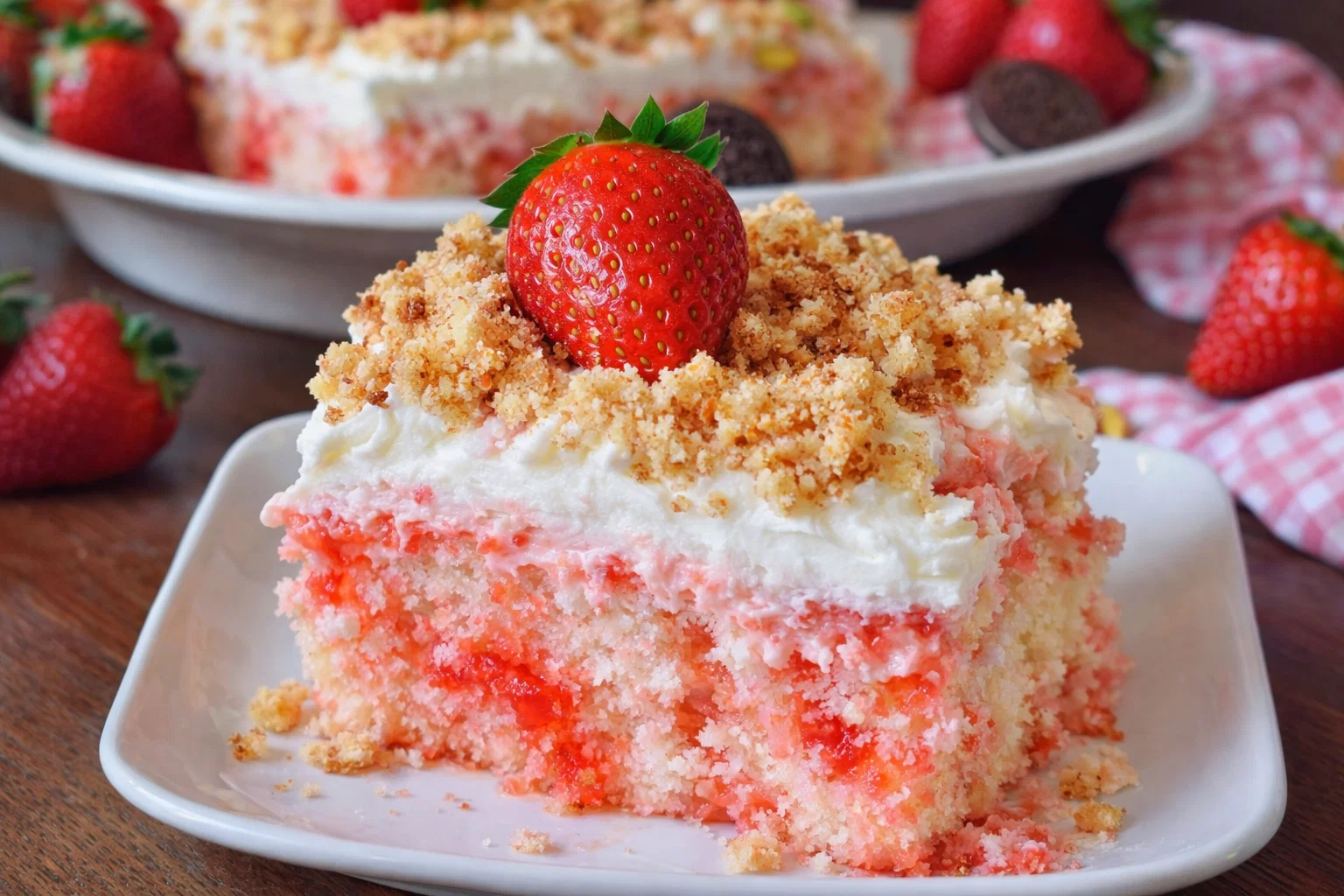 The Best Strawberry Crunch Poke Cake