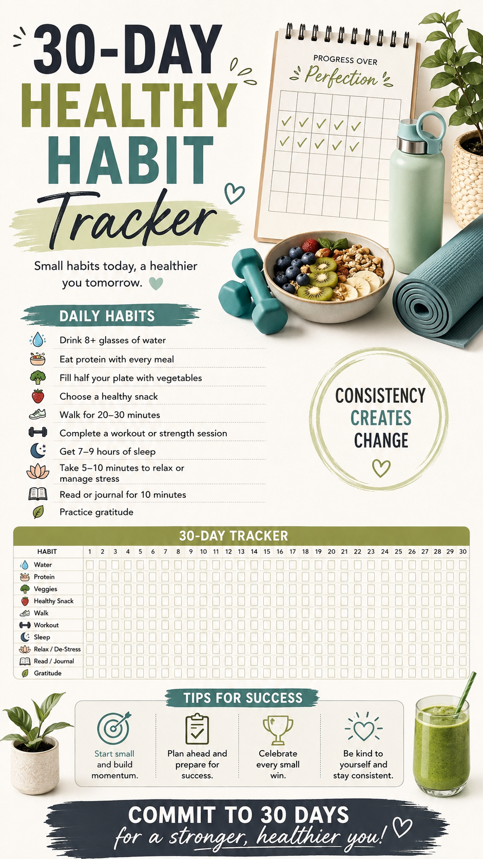 30-Day Healthy Habit Tracker Printable for Weight Loss, Wellness  Healthy Living Ideas